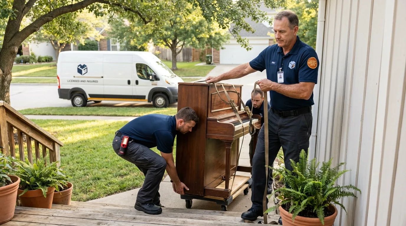 Licensed piano movers securing grand piano in Warren, AR