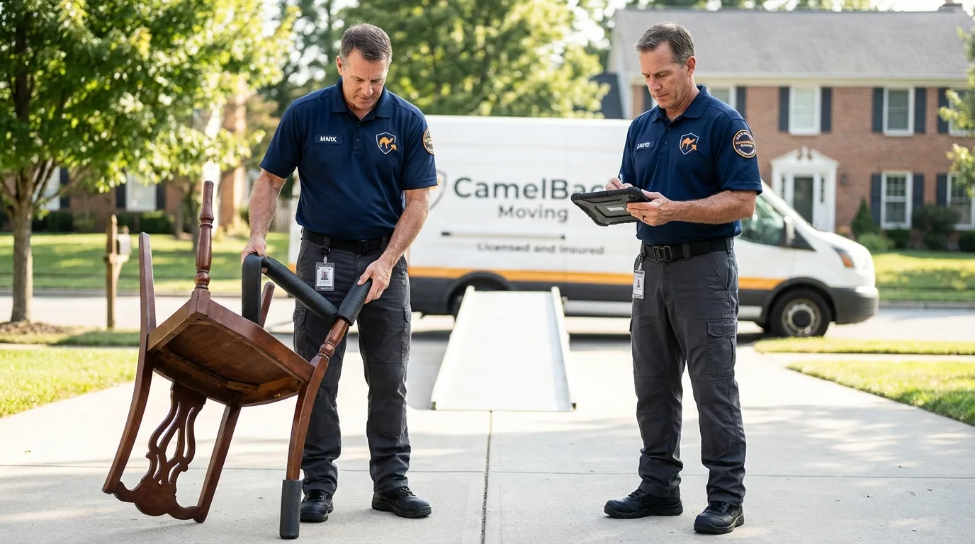 Movers inspecting furniture for damage prevention before loading in Warren, AR