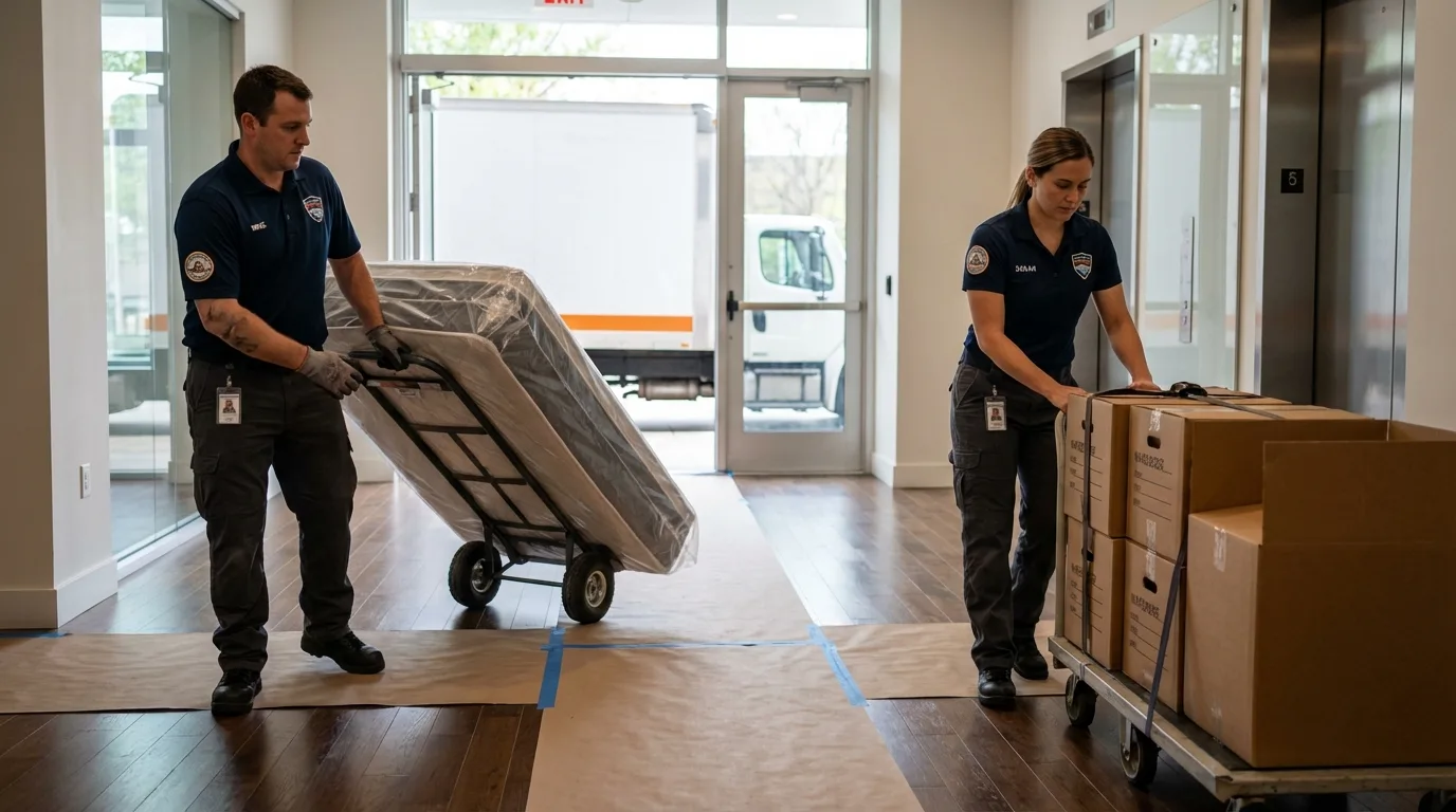 Professional apartment movers loading elevator in Warren, AR
